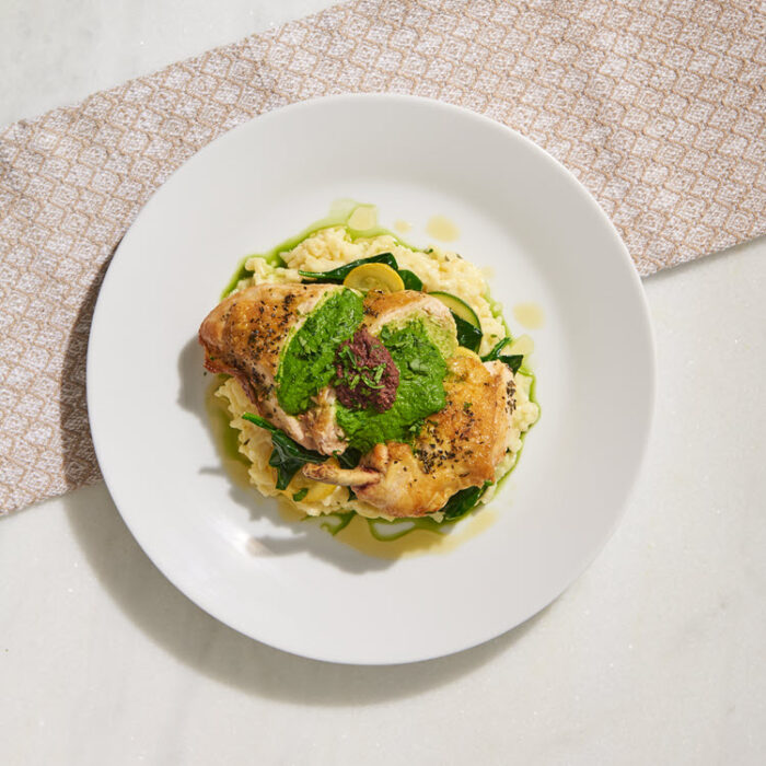 Herb Roasted Chicken with Risotto, Truffled Pesto and Olive Tapenade