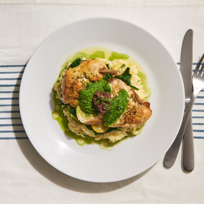 Herb Roasted Chicken with Risotto, Truffled Pesto and Olive Tapenade