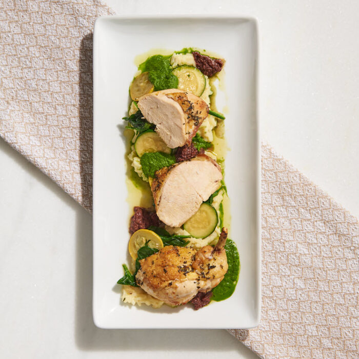 Herb Roasted Chicken with Risotto, Truffled Pesto and Olive Tapenade