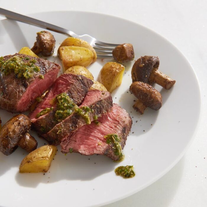 Grilled Top-Sirloin, Roasted Mushrooms and Potatoes, Chimichurri Sauce