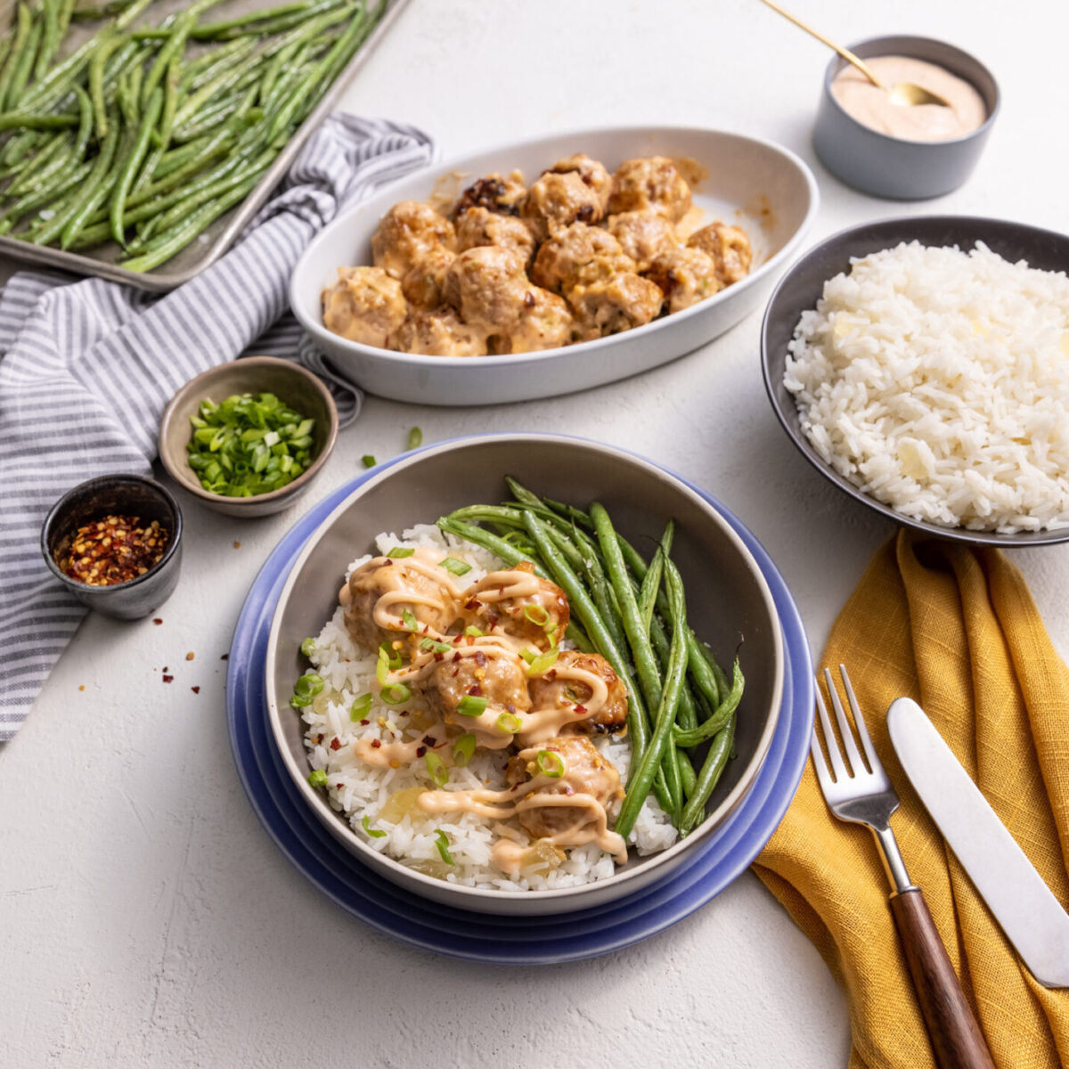 Turkey Firecracker Meatballs with Coconut Rice & Green Beans *Contains Coconut Safer Plate